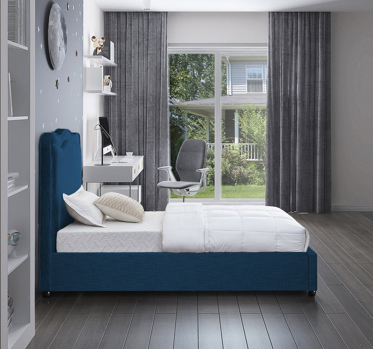 Felix Navy Linen Textured Fabric Upholstered Bed