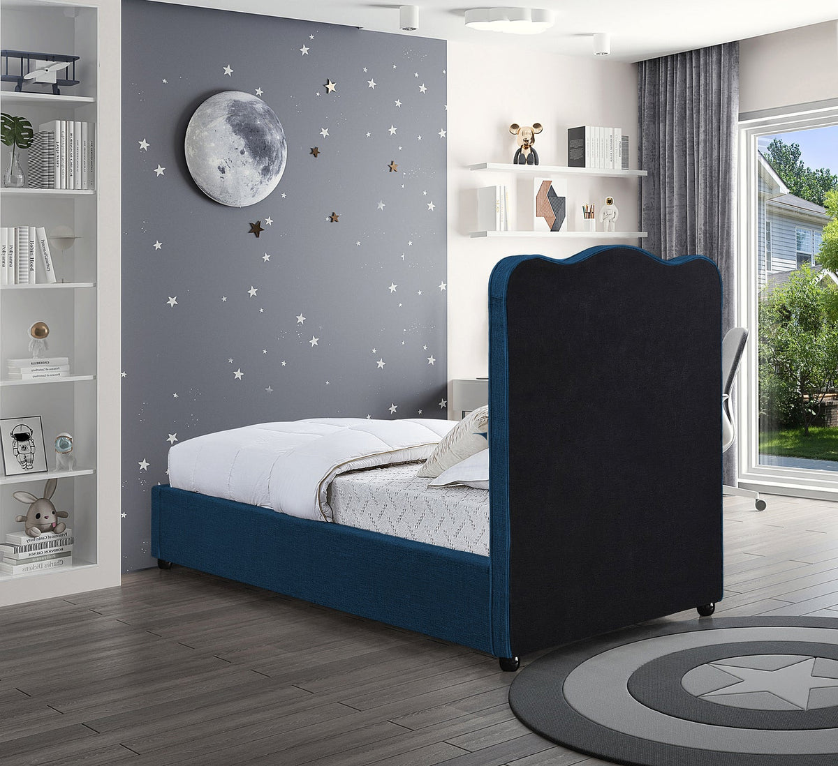 Felix Navy Linen Textured Fabric Upholstered Bed