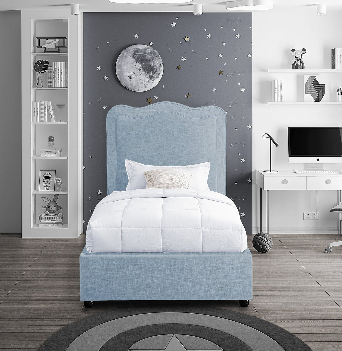 Felix Light Blue Linen Textured Fabric Upholstered Bed