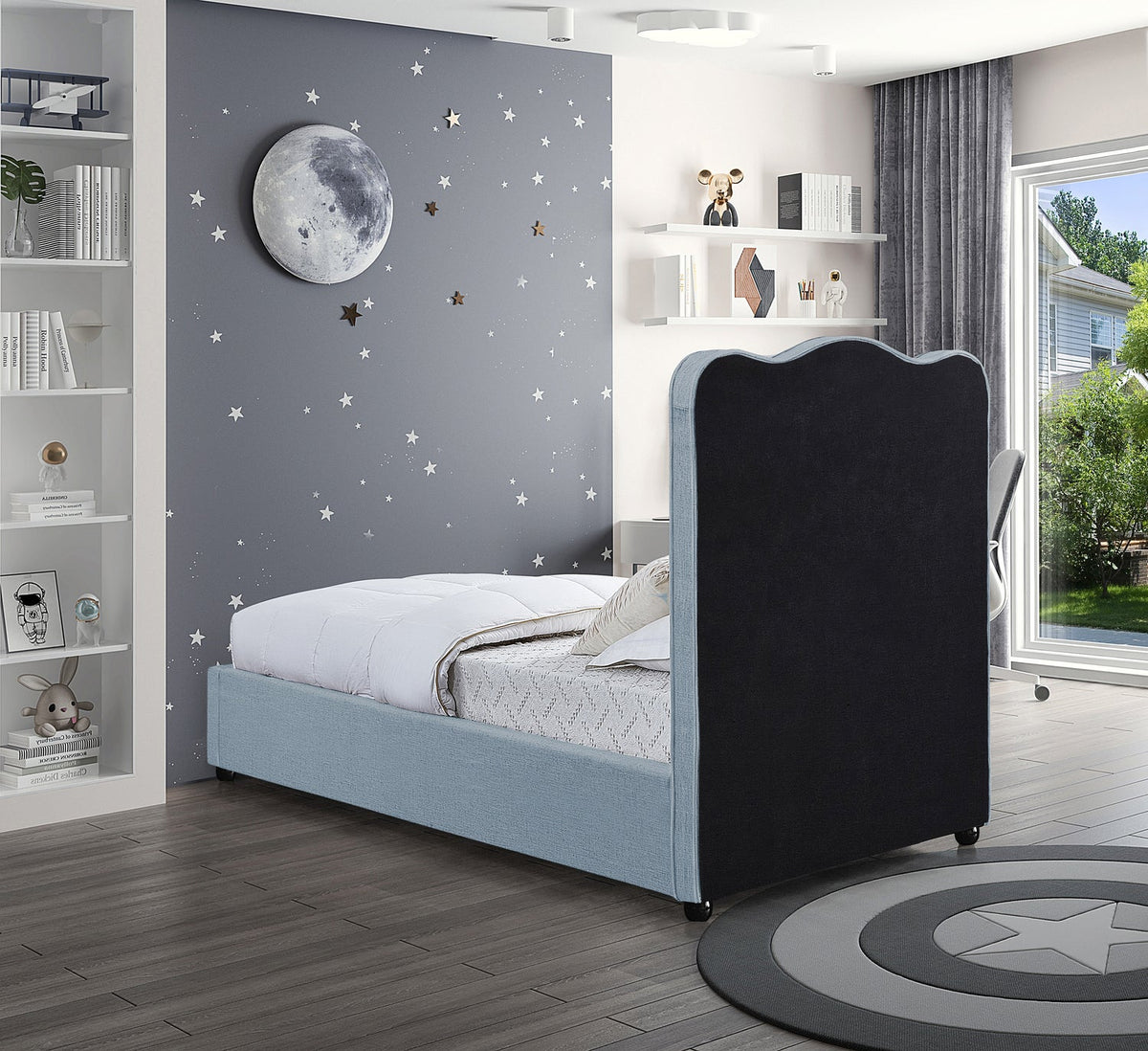 Felix Light Blue Linen Textured Fabric Upholstered Bed