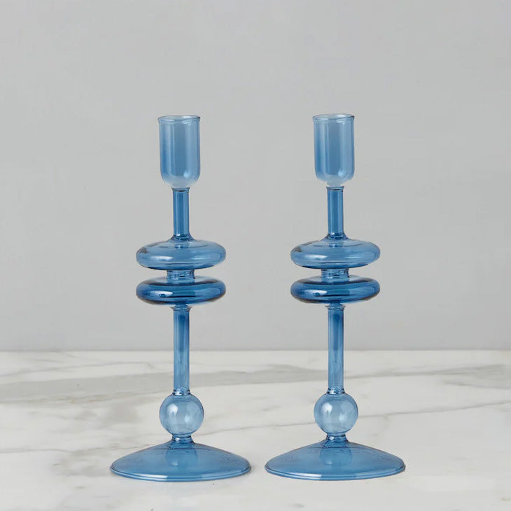 Etu Home Glass Sapphire Candlestick Set of 2