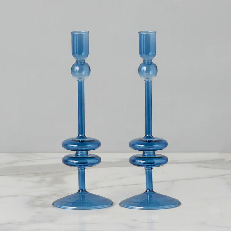 Etu Home Glass Sapphire Candlestick Set of 2