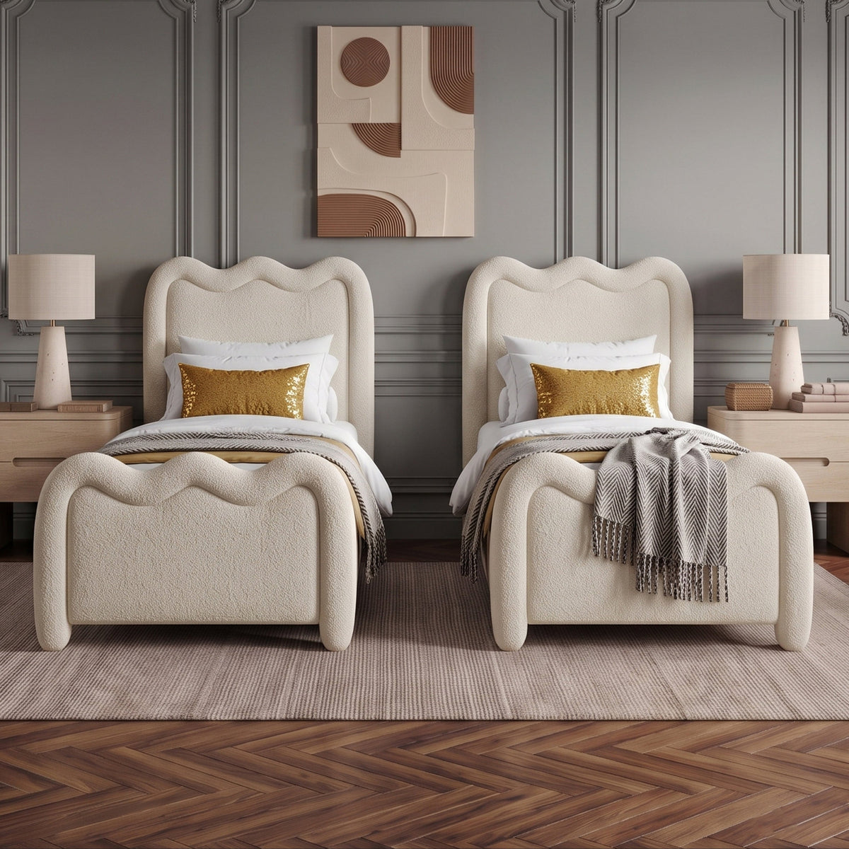 Gavin Cream Chenille Fabric Upholstered Bed