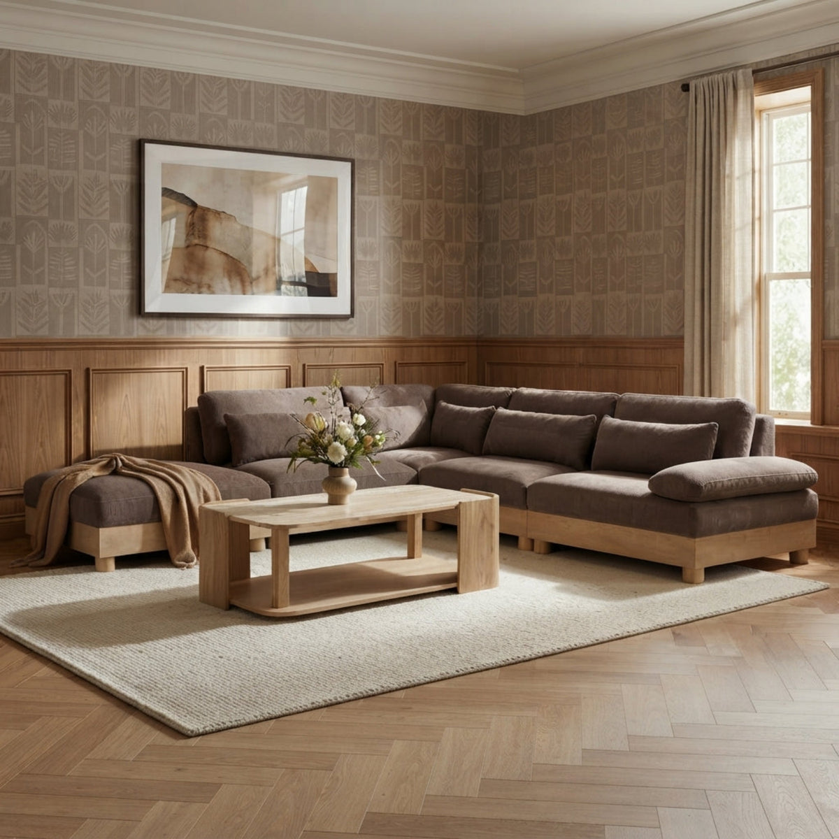 Turin 127.75in Brown Chenille Fabric Upholstered 5 Piece Modular Sectional Sofa