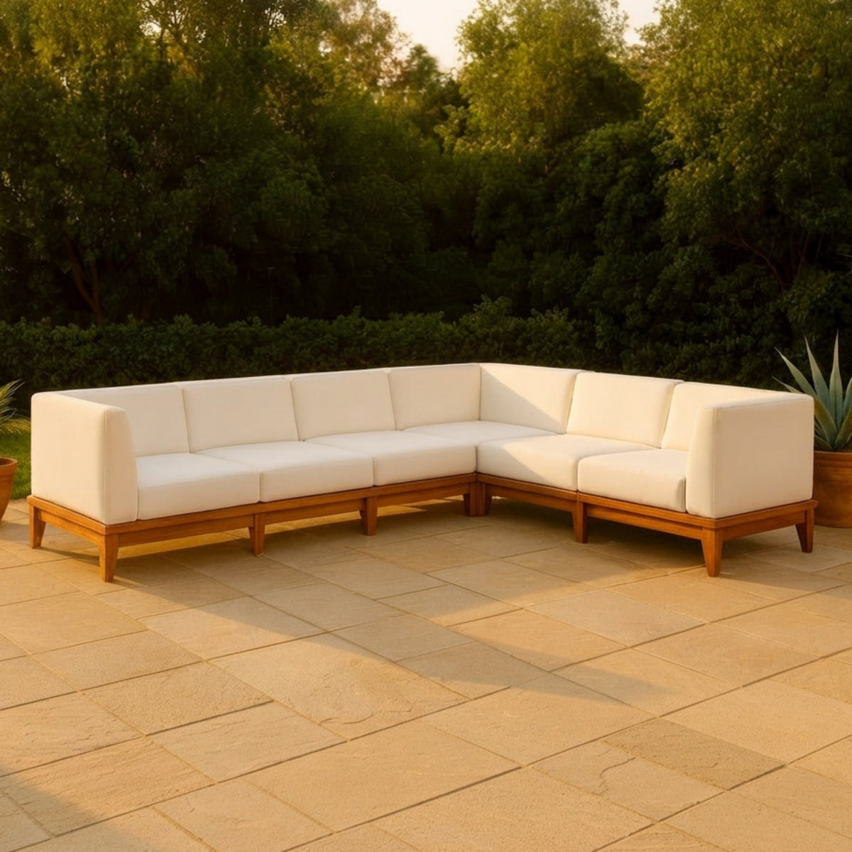 Rio 131in Off White Water Resistant Fabric Upholstered 6 Piece Patio Modular Sectional Sofa