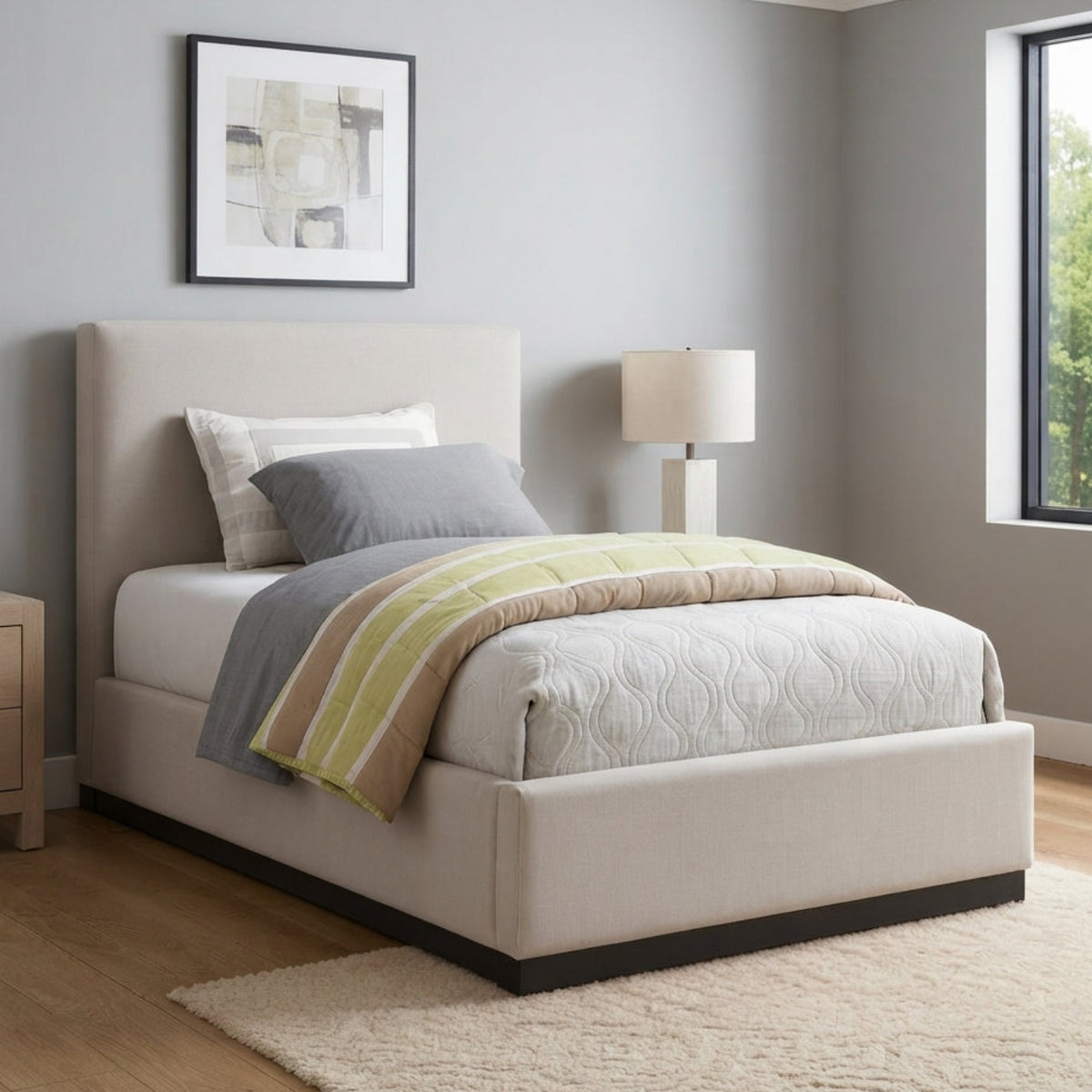 Alfie Beige Linen Textured Fabric Upholstered Bed