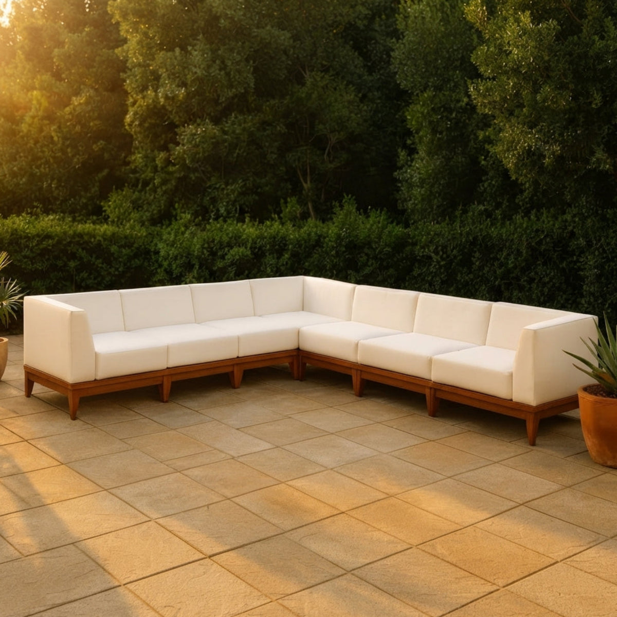 Rio 131in Off White Water Resistant Fabric Upholstered 7 Piece Patio Modular Sectional Sofa