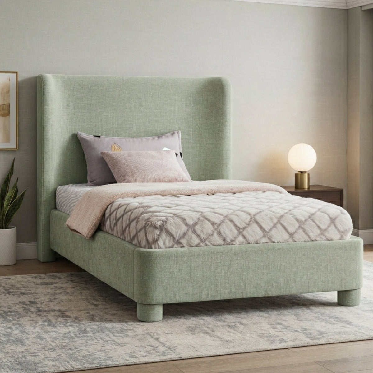 Penny Mint Green Chenille Fabric Upholstered Bed