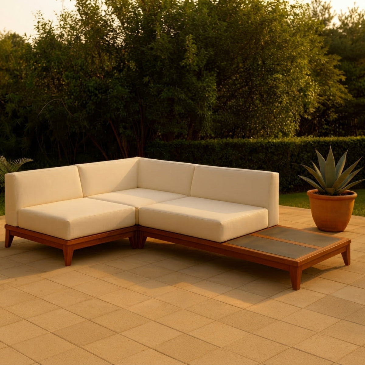 Rio 94in Off White Water Resistant Fabric Upholstered 3 Piece Patio Modular Sectional Sofa