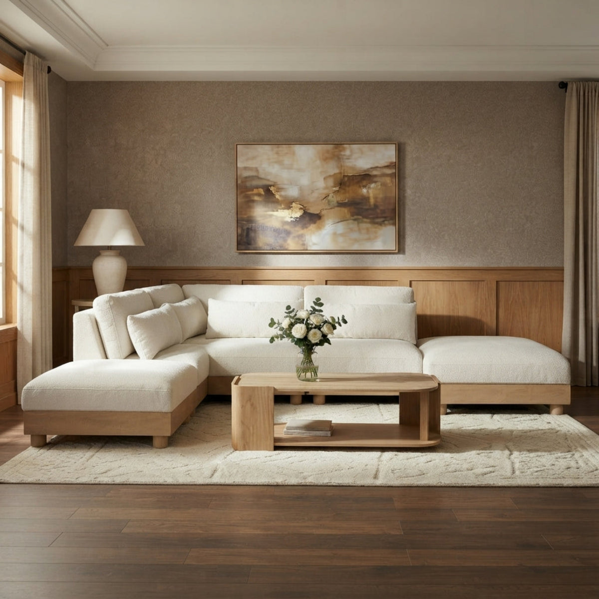 Turin 120in Cream Chenille Fabric Upholstered 5 Piece Modular Sectional Sofa