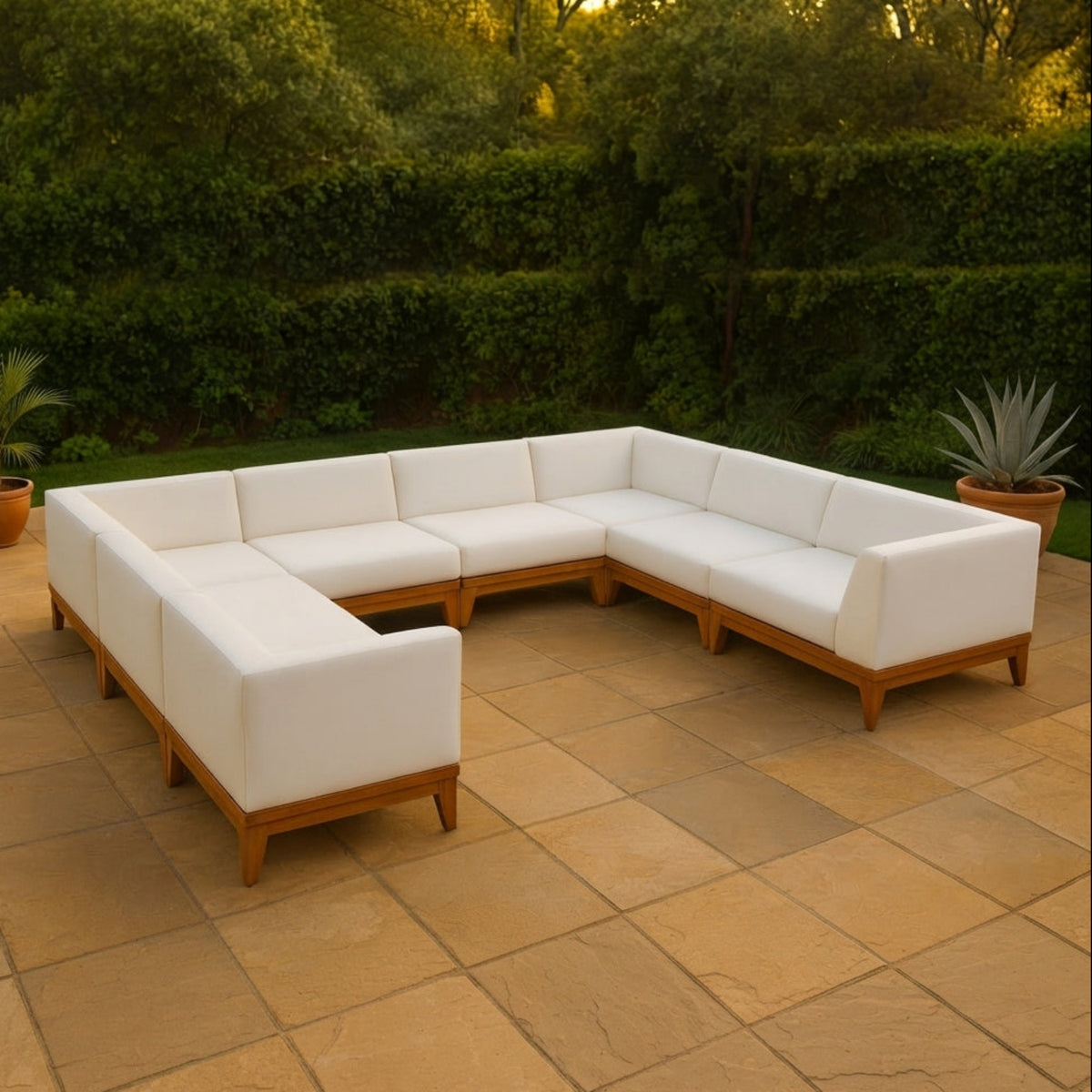 Rio 131in Off White Water Resistant Fabric Upholstered 8 Piece Patio Modular Sectional Sofa