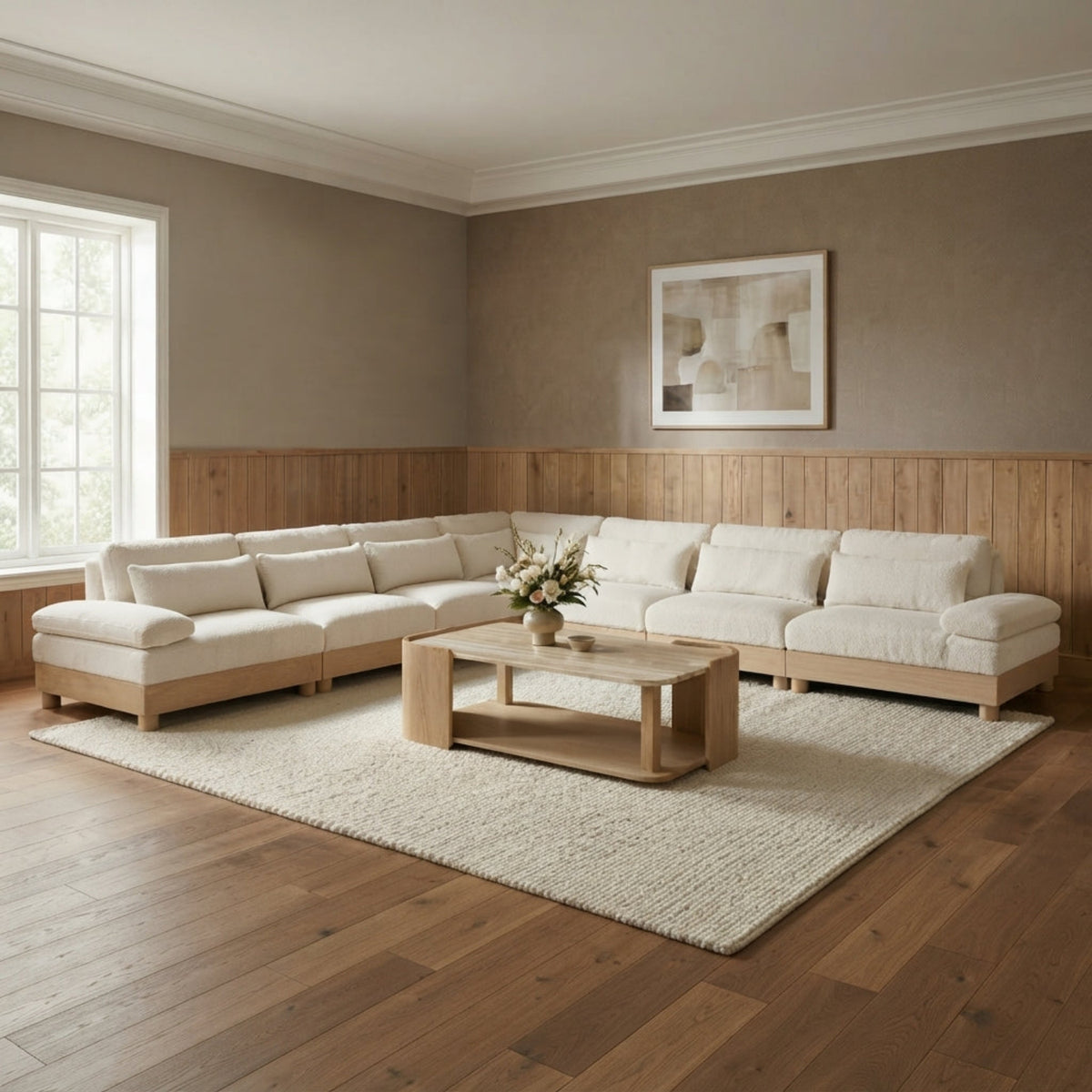 Turin 167.75in Cream Chenille Fabric Upholstered 7 Piece Modular Sectional Sofa
