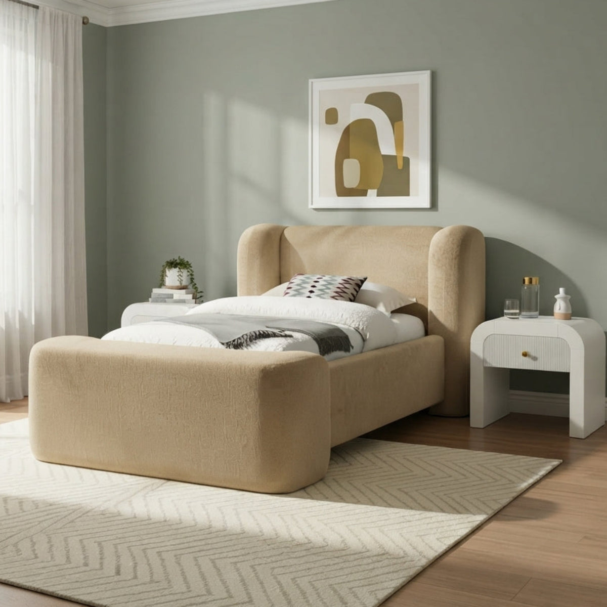 Modena Beige Chenille Fabric Upholstered Bed