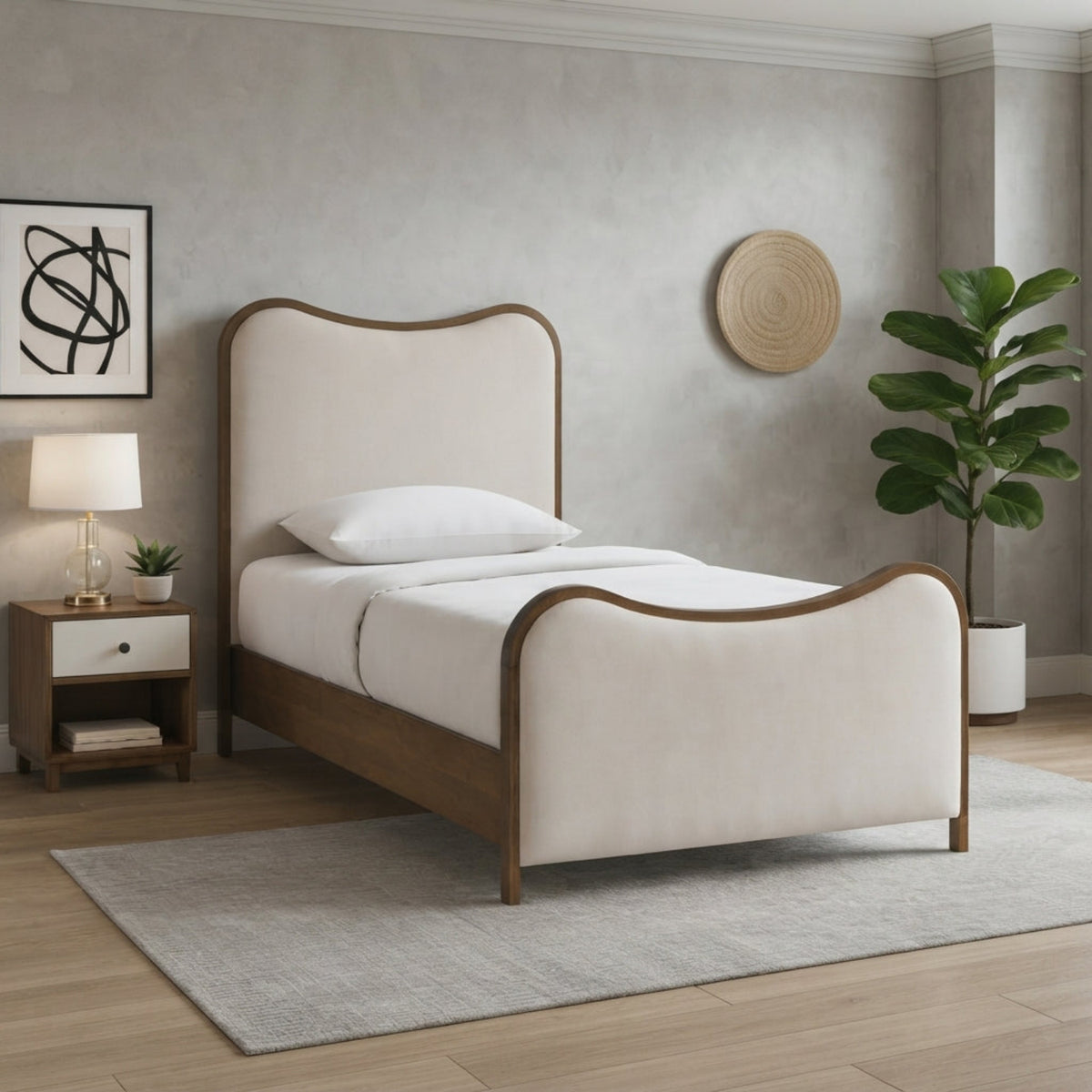 Arvada Beige Linen Textured Fabric Upholstered Bed
