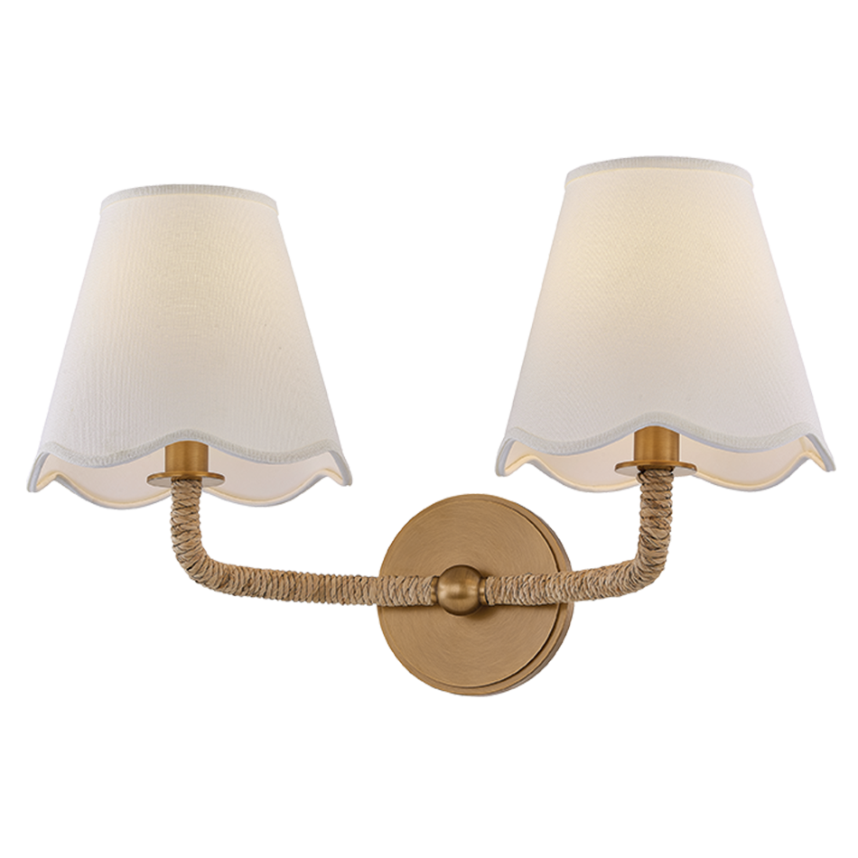 Kate Marker x Mitzi Olia 2-light Wall Sconce in Patina Brass with raffia and linen, primary product view