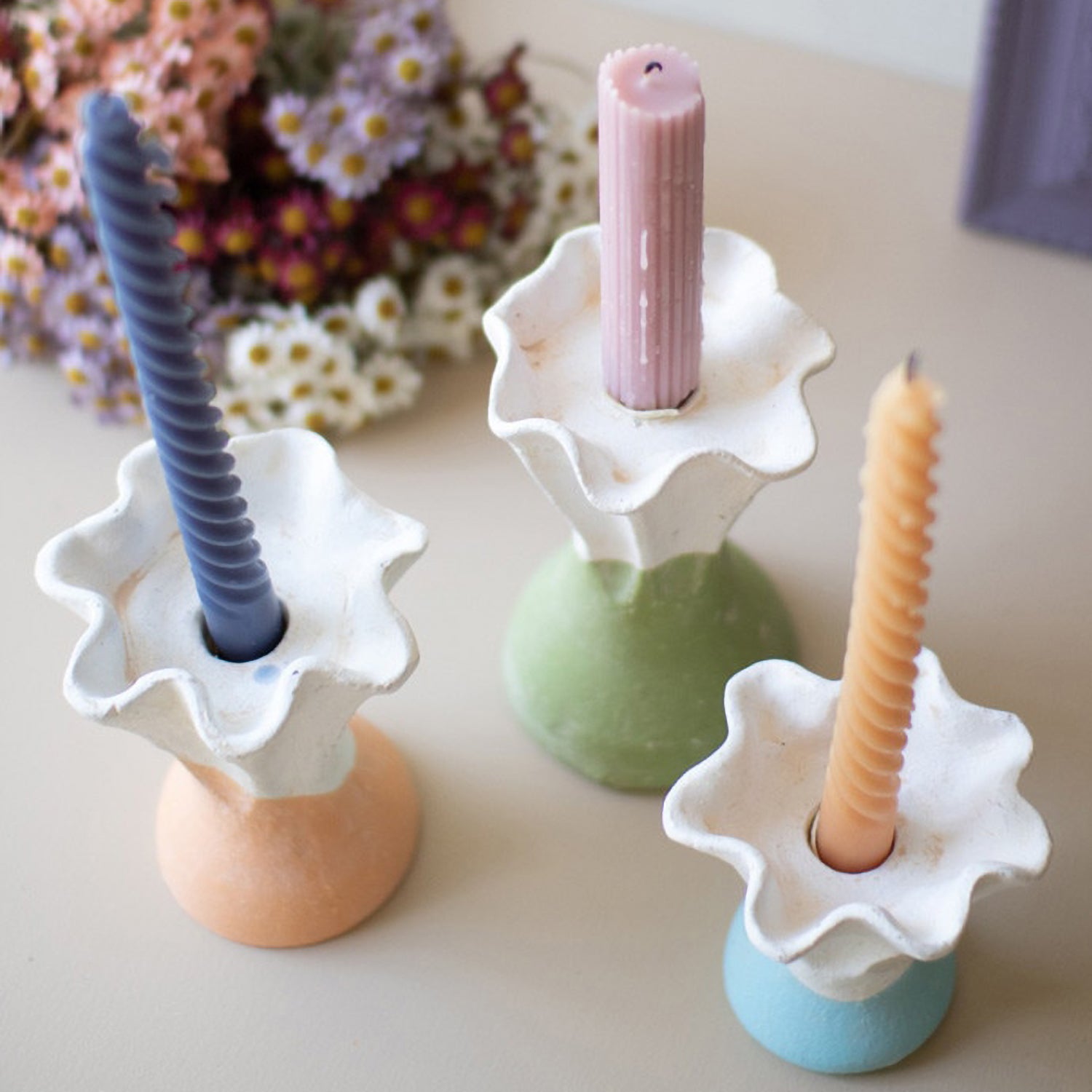 Color Dipped Flower Taper Candle Holder Set of 3
