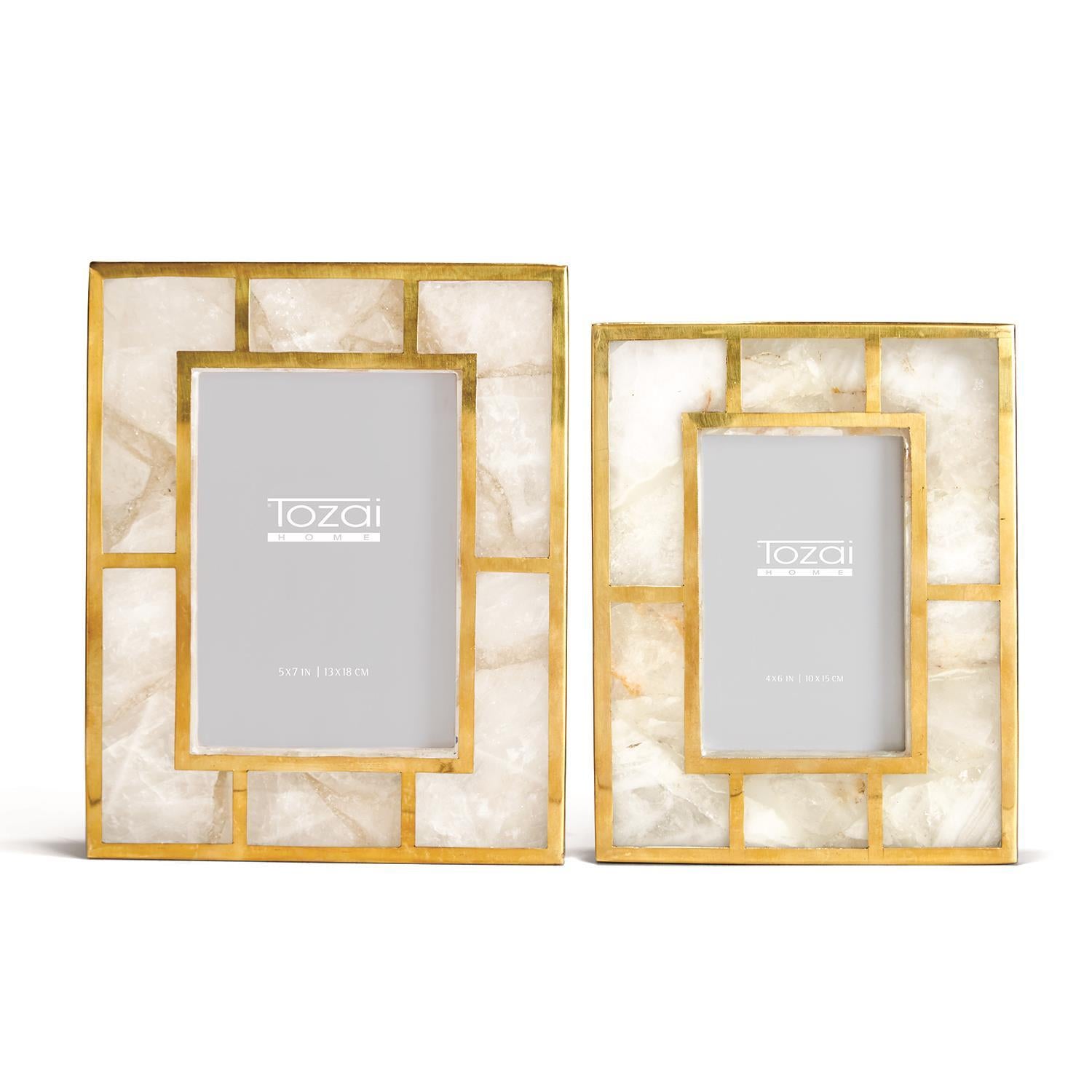 White Quartz and Brass Photo Frame Set of 2