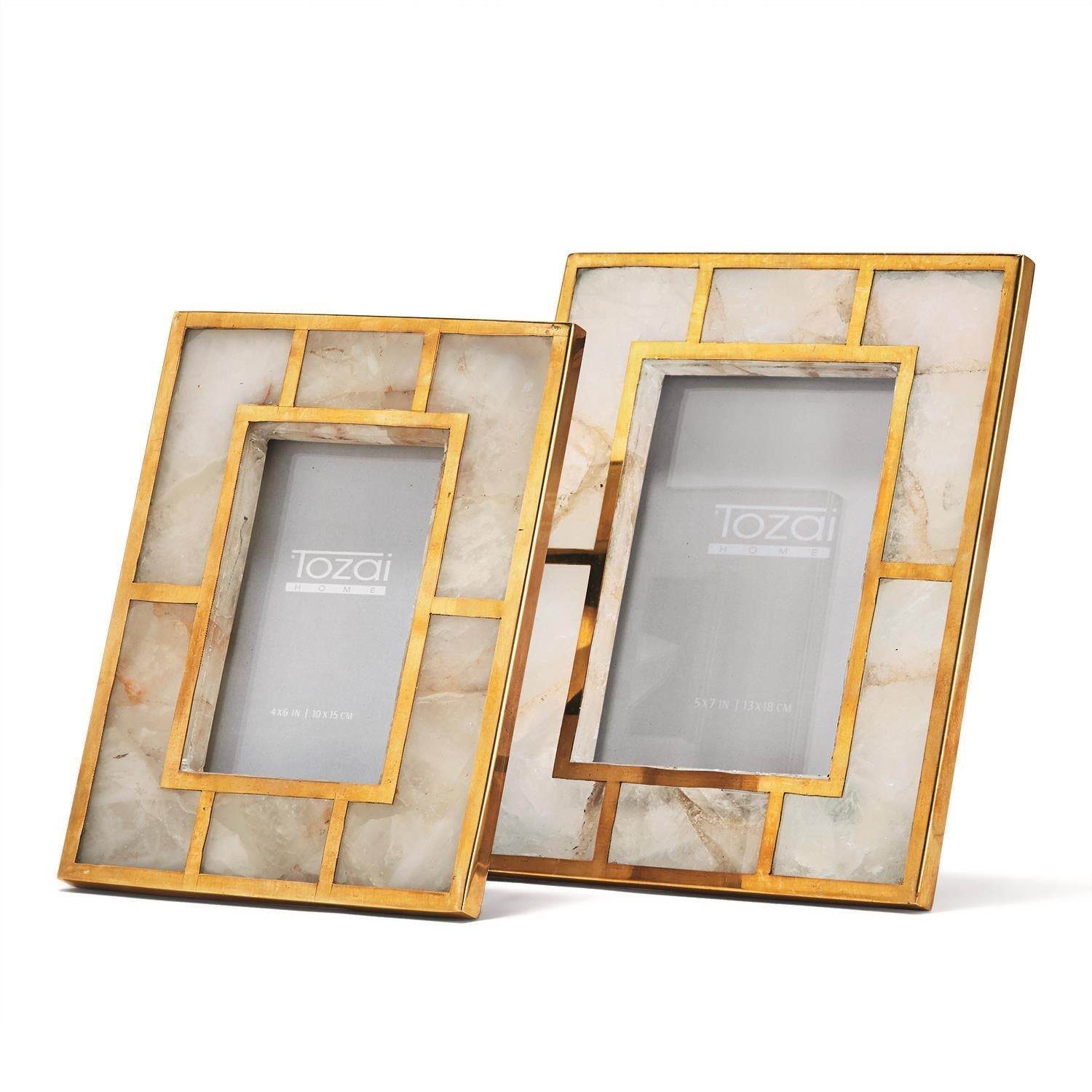 White Quartz and Brass Photo Frame Set of 2