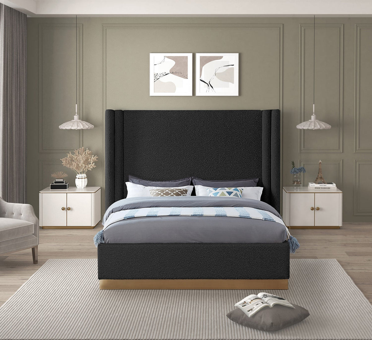 Halton Black Boucle Fabric Upholstered Bed
