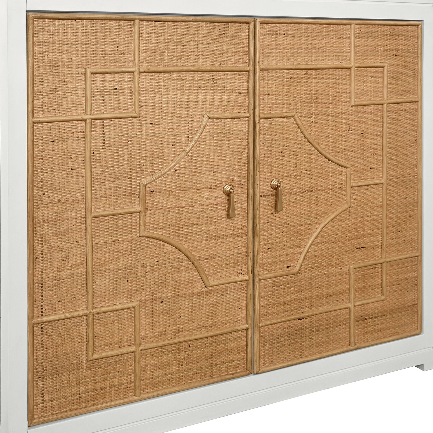 Detail of the Isabel White Two Door Cabinet hardware and craftsmanship