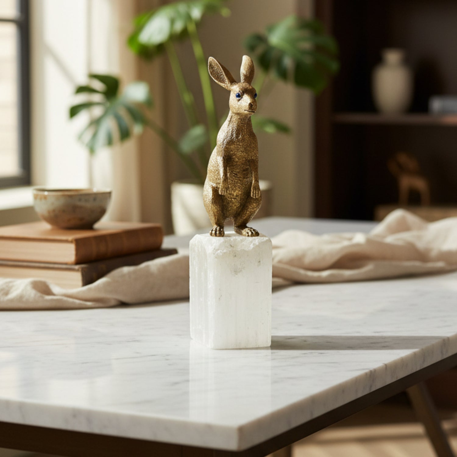 John Richard Brass Hare Sculpture on Selenite