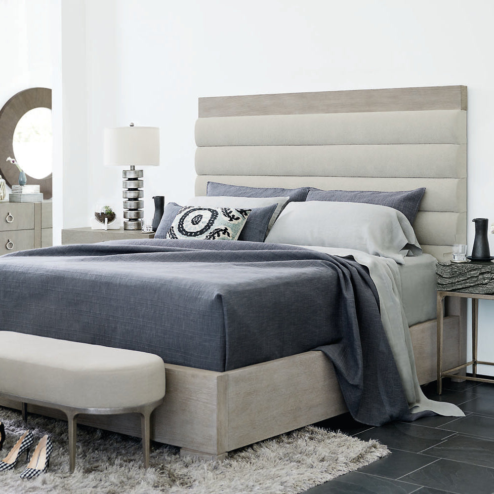 Bernhardt Linea Cerused Greige Upholstered Panel Bed