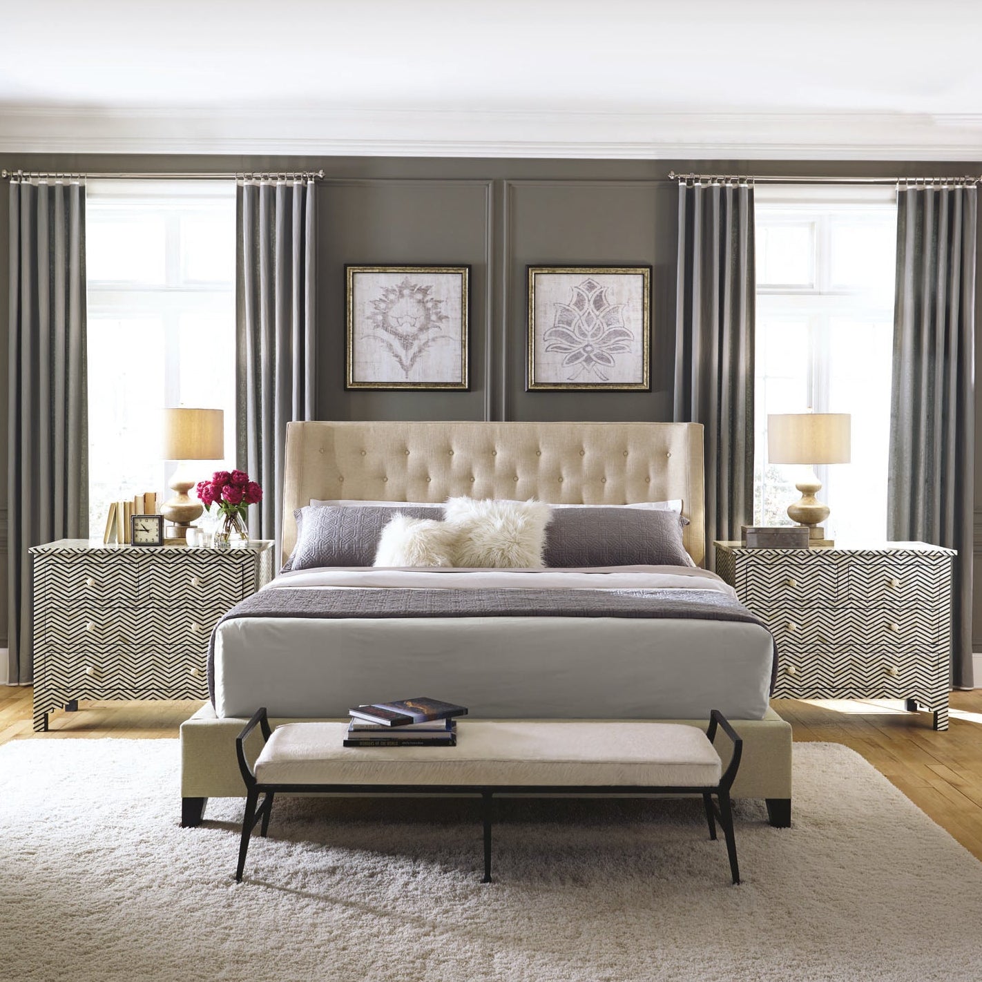 Bernhardt Interiors Maxime Shelter Bed with Button Panel Headboard