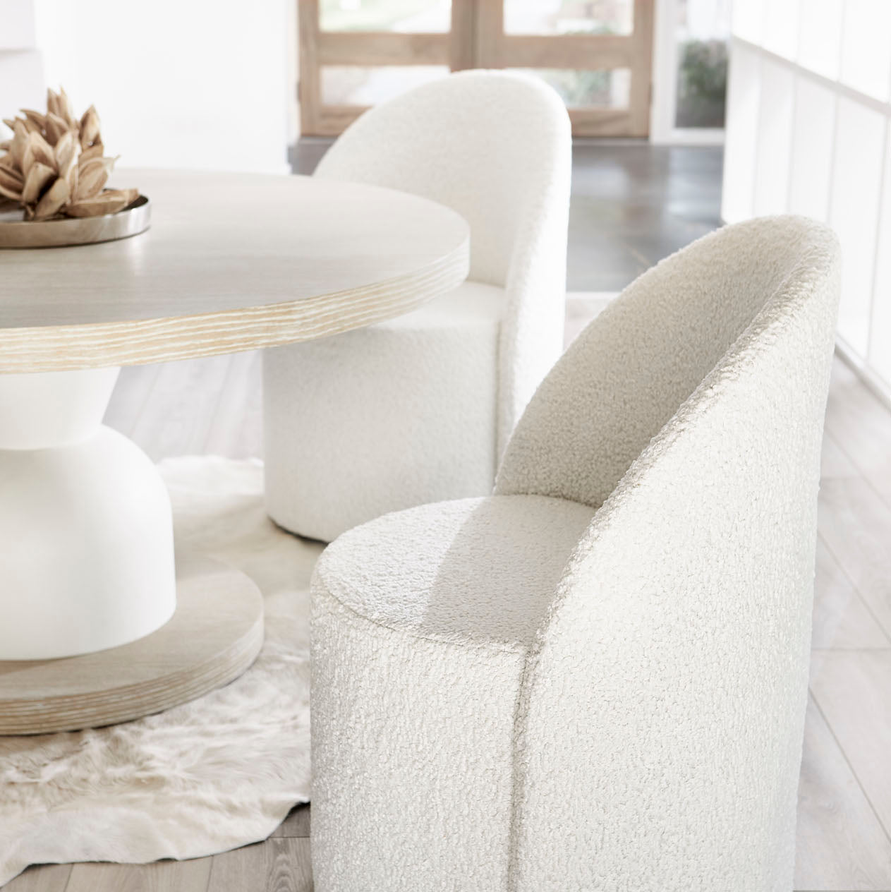 Bernhardt Solaria Round Dining Table in Dune finish, shown to scale