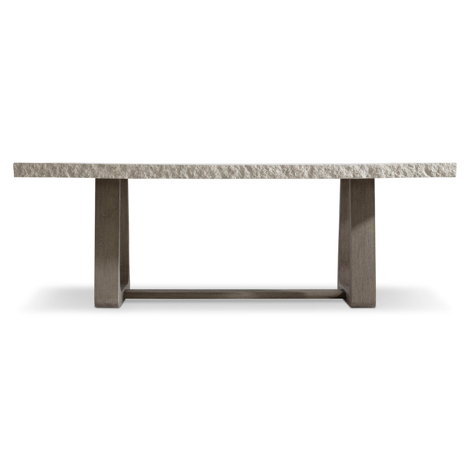 Bernhardt Trouville Outdoor Dining Table, close-up of dining table top of glass-reinforced concrete in sand grey finish wi...
