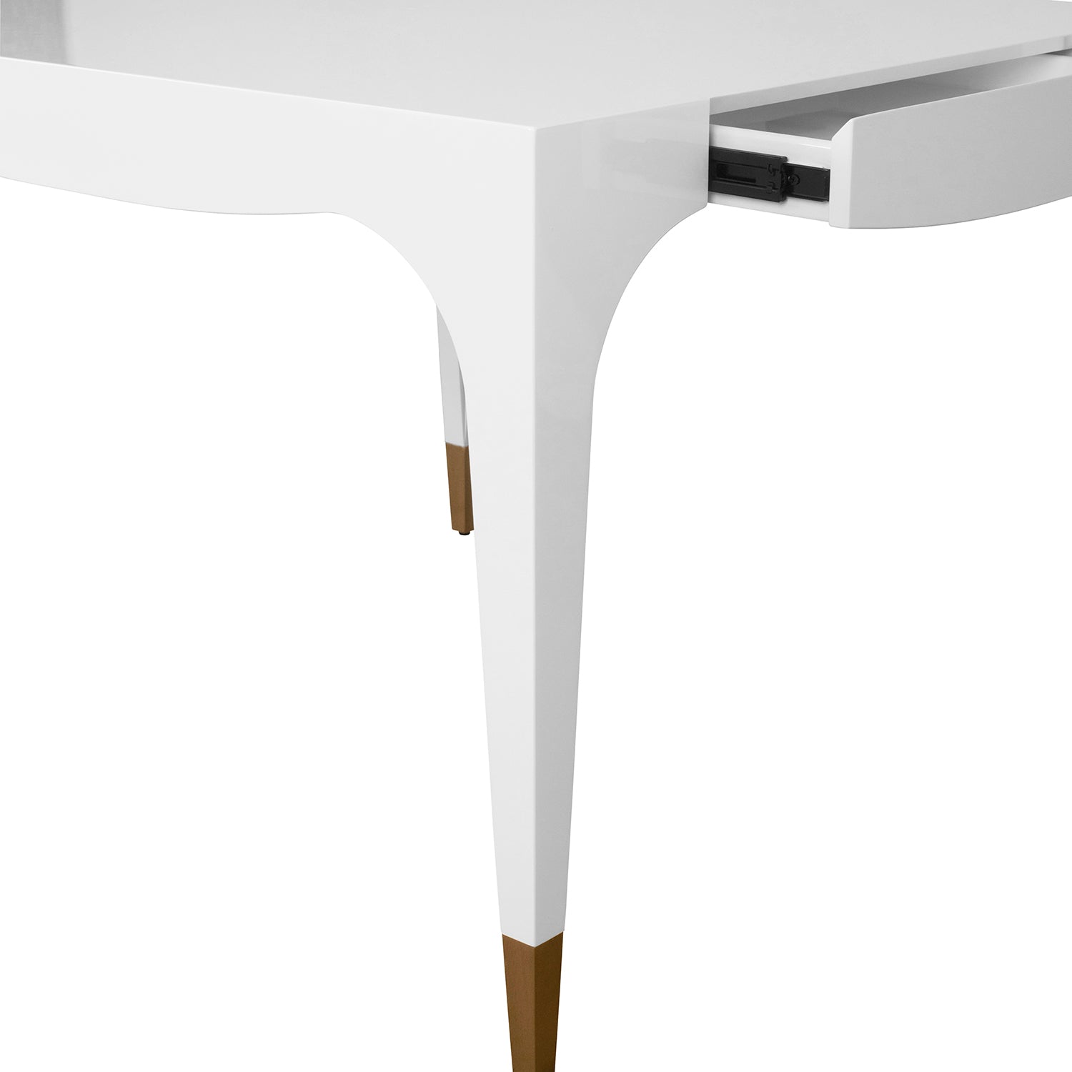 Detail of the Lacey White Game Table hardware and craftsmanship