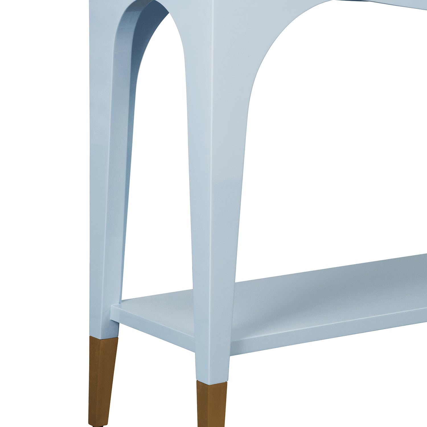Close-up of the light blue wood finish on the Laverne Light Blue Console Table