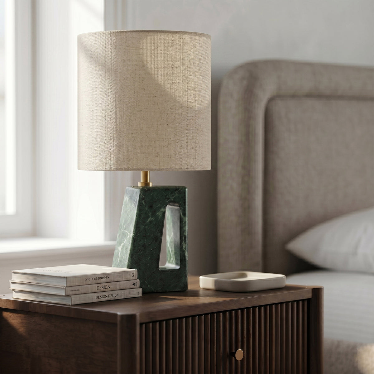 Vellum Green Natural Genuine Marble Base And Linen Textured Fabric Shade Table Lamp