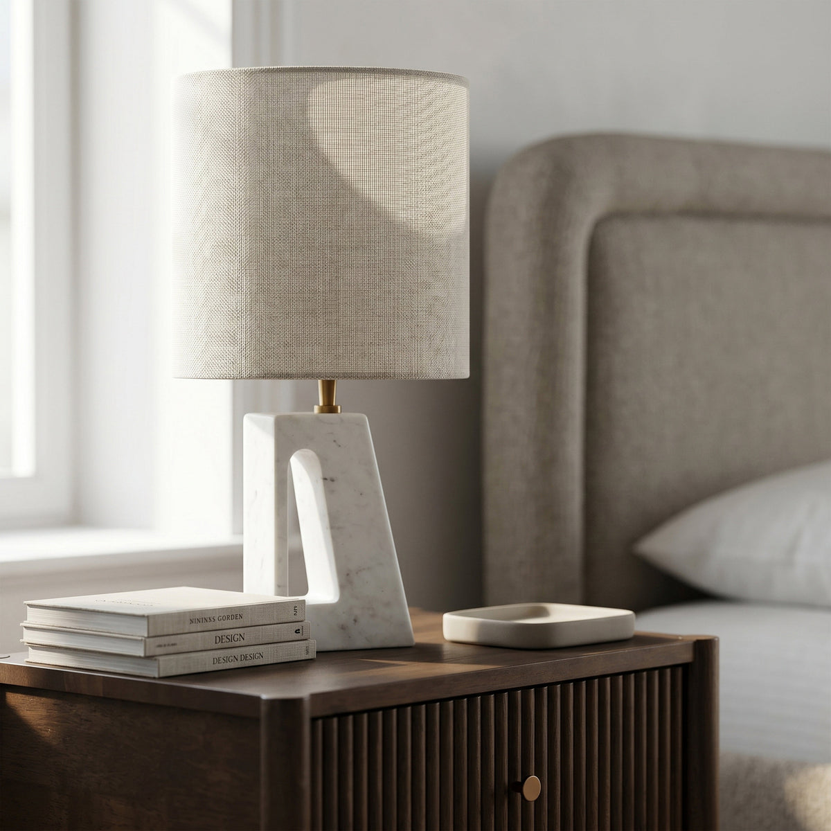 Vellum Off White Gold Genuine Marble Base And Linen Textured Fabric Shade Table Lamp