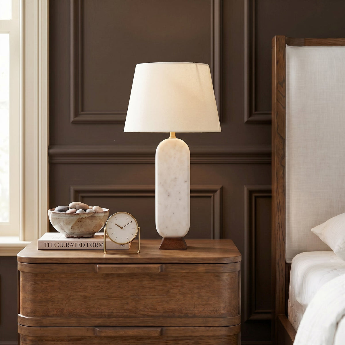Solis Off White Natural Genuine Marble And Mango Wood Base With Linen Textured Fabric Shade Table Lamp