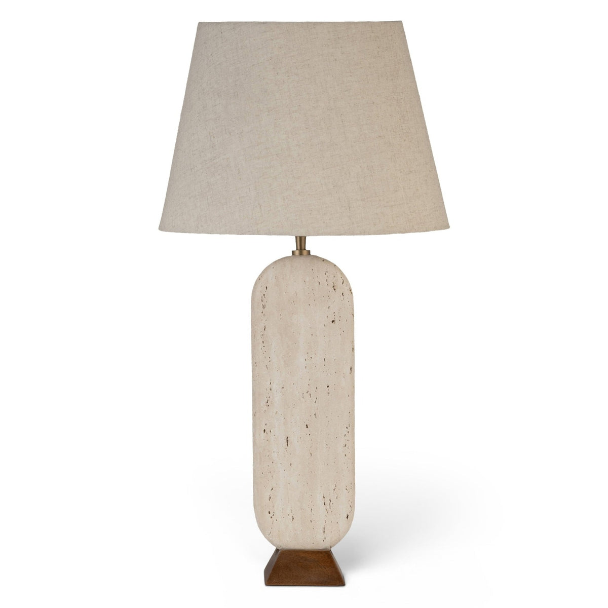 Solis travertine and walnut wood base table lamp with linen shade, primary product view