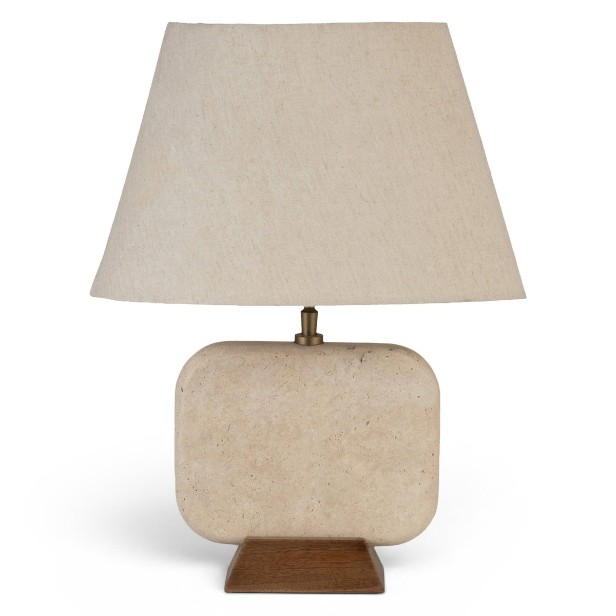 Solis travertine and natural mango wood base table lamp with linen shade, primary product view