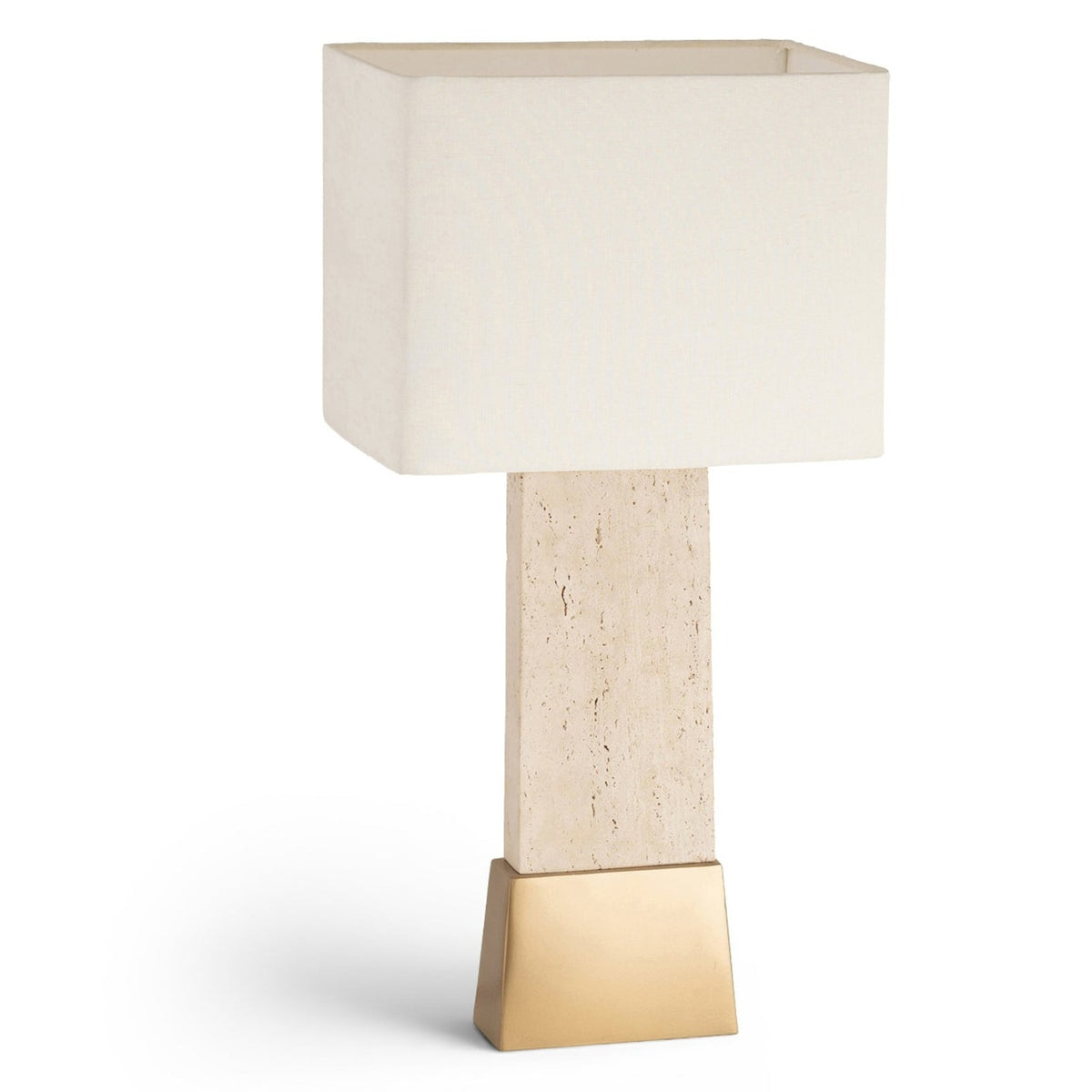 Vellara Travertine / Beige / Gold Travertine Base And Linen Textured Fabric Shade Table Lamp in stone, primary product view