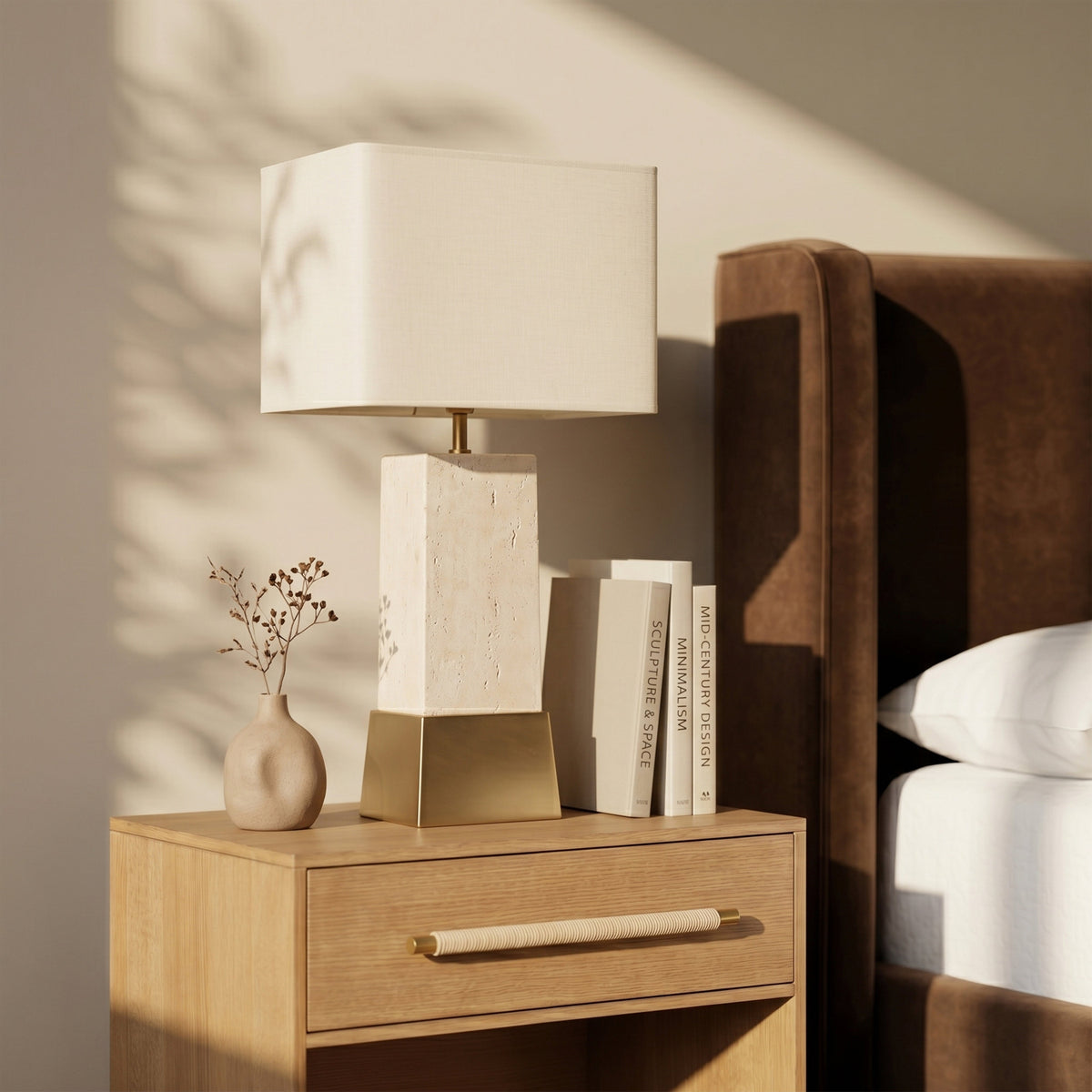 Vellara Travertine Beige Gold Travertine Base And Linen Textured Fabric Shade Table Lamp