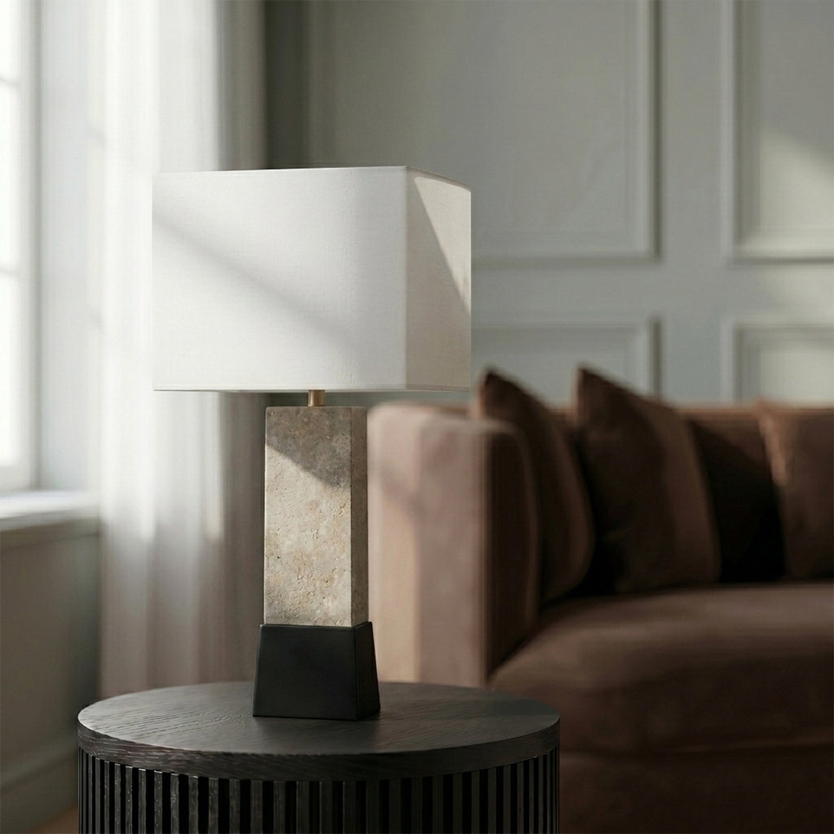 Vellara Grey Beige Black Travertine Base And Linen Textured Fabric Shade Table Lamp