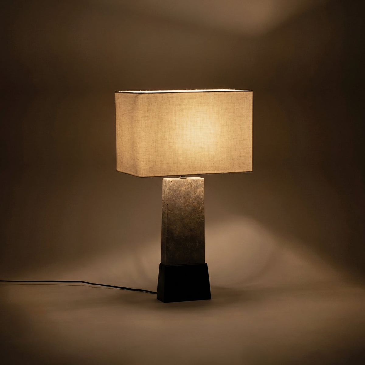 Vellara Grey Beige Black Travertine Base And Linen Textured Fabric Shade Table Lamp