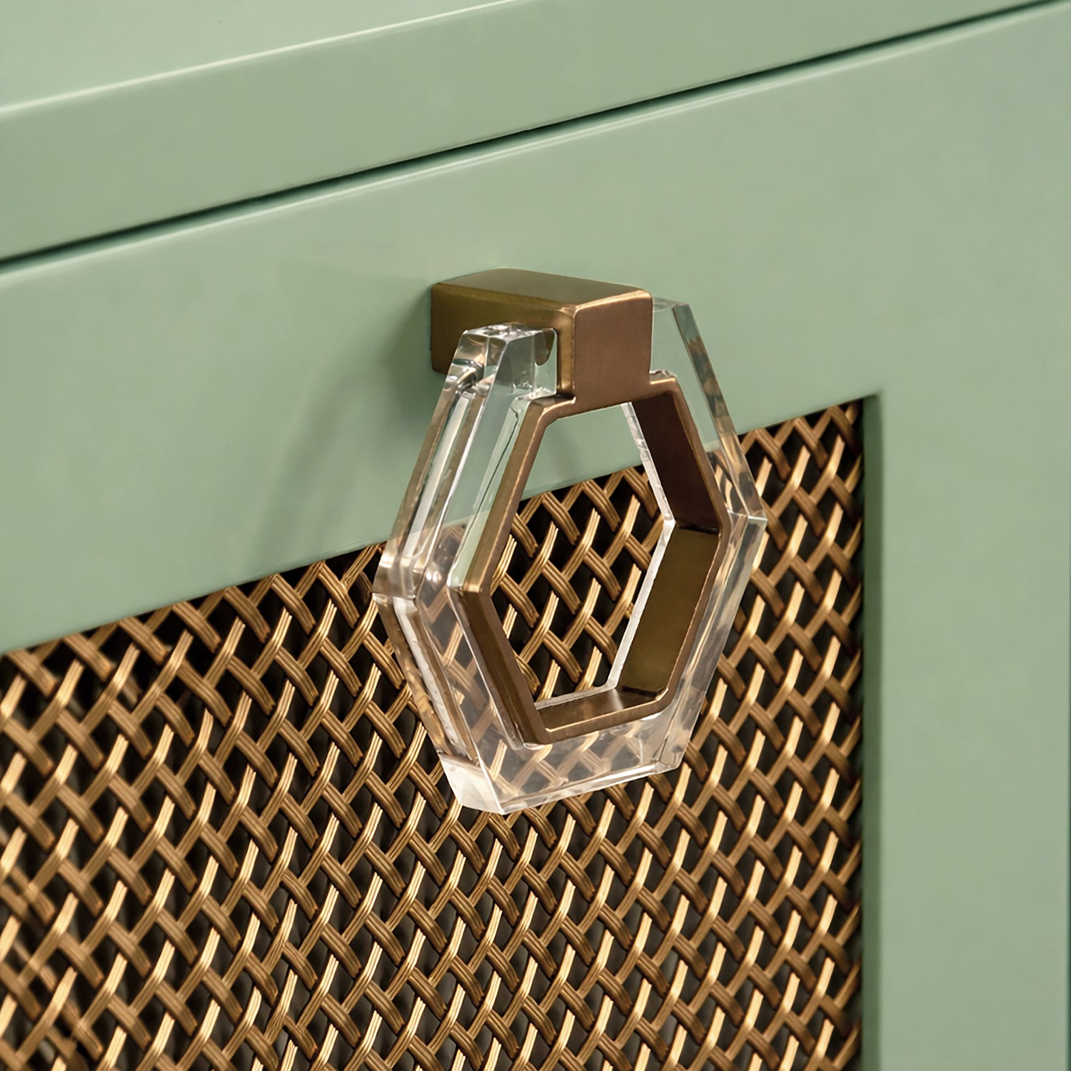 Detail of the Marcella Green Four Door Buffet hardware and craftsmanship