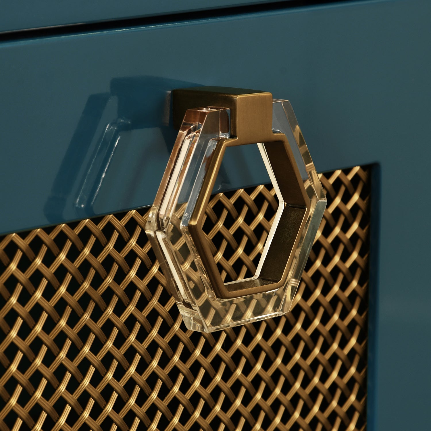 Detail of the Marcella Teal Four Door Buffet hardware and craftsmanship