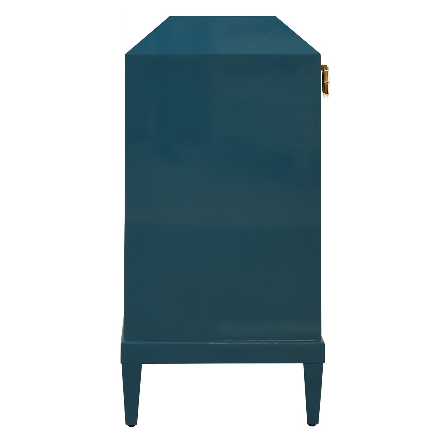 Close-up of the teal wood finish on the Marcella Teal Four Door Buffet