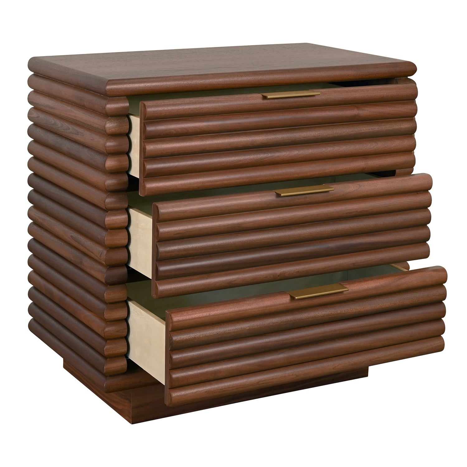Close-up of the walnut wood finish on the Mateo Walnut Three Drawer Side Table