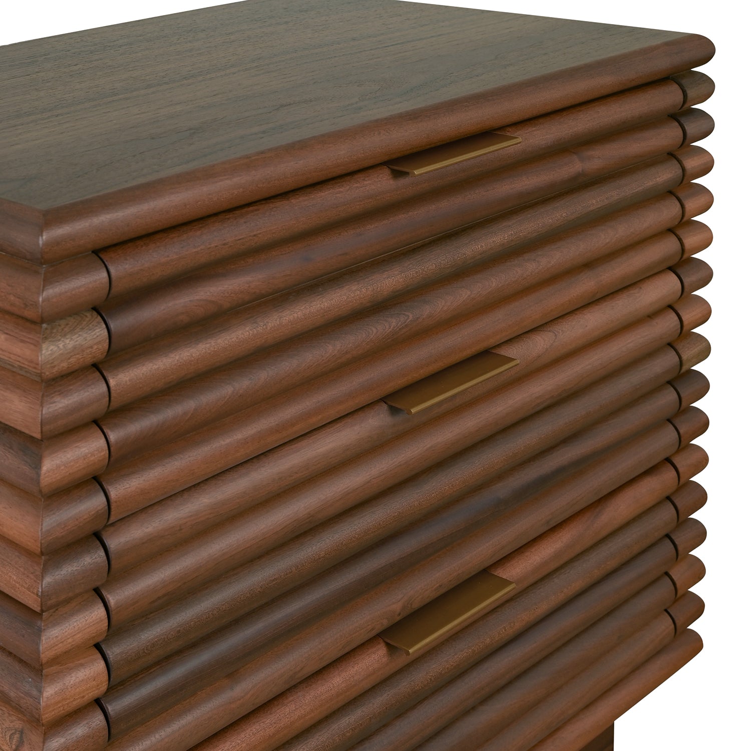 Mateo Walnut Three Drawer Side Table shown to scale