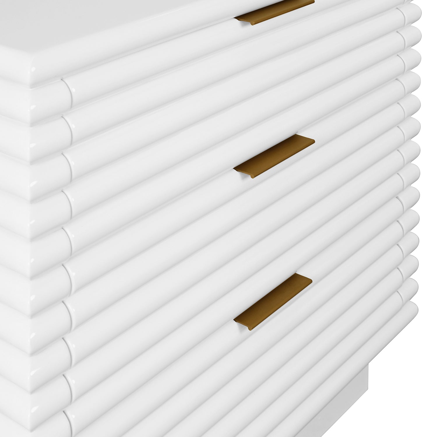 Mateo White Three Drawer Side Table shown to scale