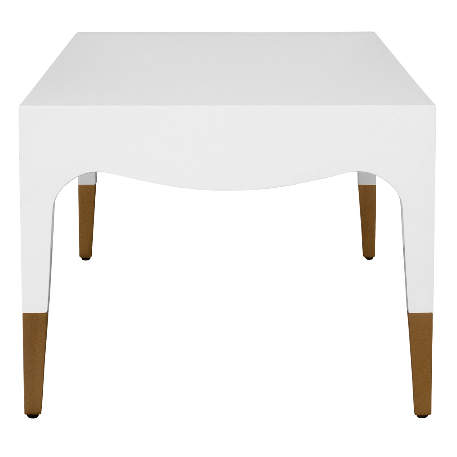 Worlds Away Medina white coffee table, detail of tapered leg and brass foot cap