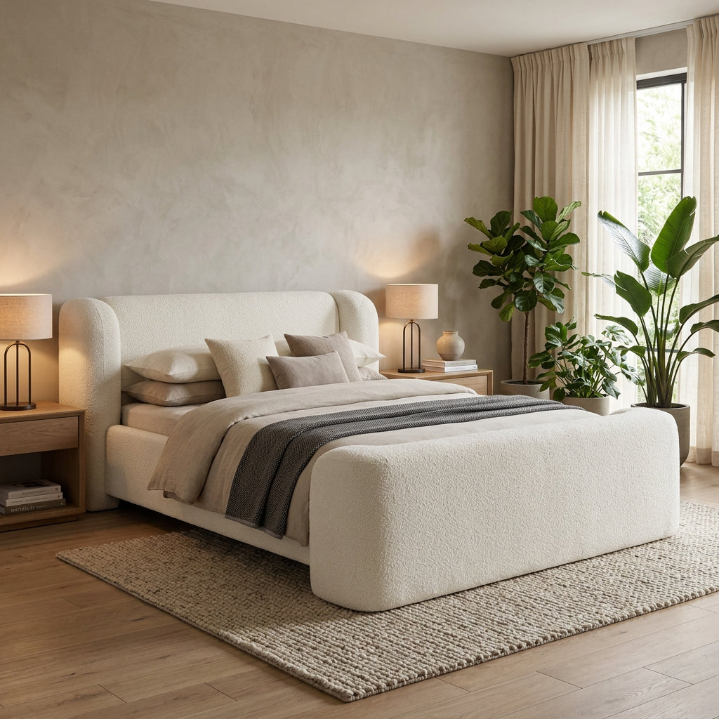 Modena Cream Chenille Fabric Upholstered Bed