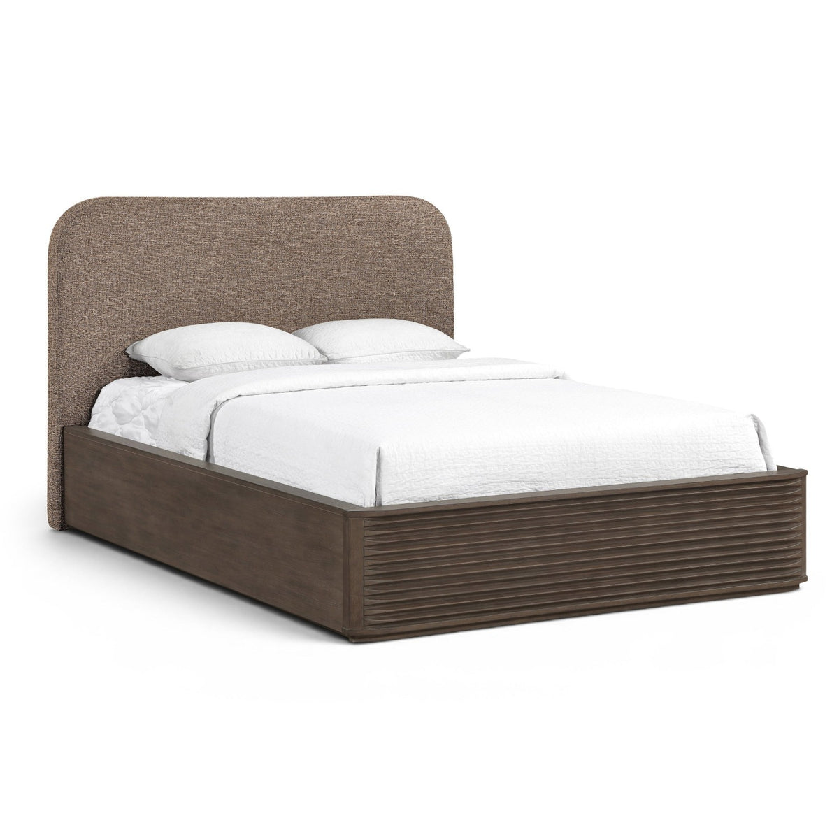 Morino Brown Interwoven Fabric Upholstered Bed in beige interwoven chenille fabric, primary product view