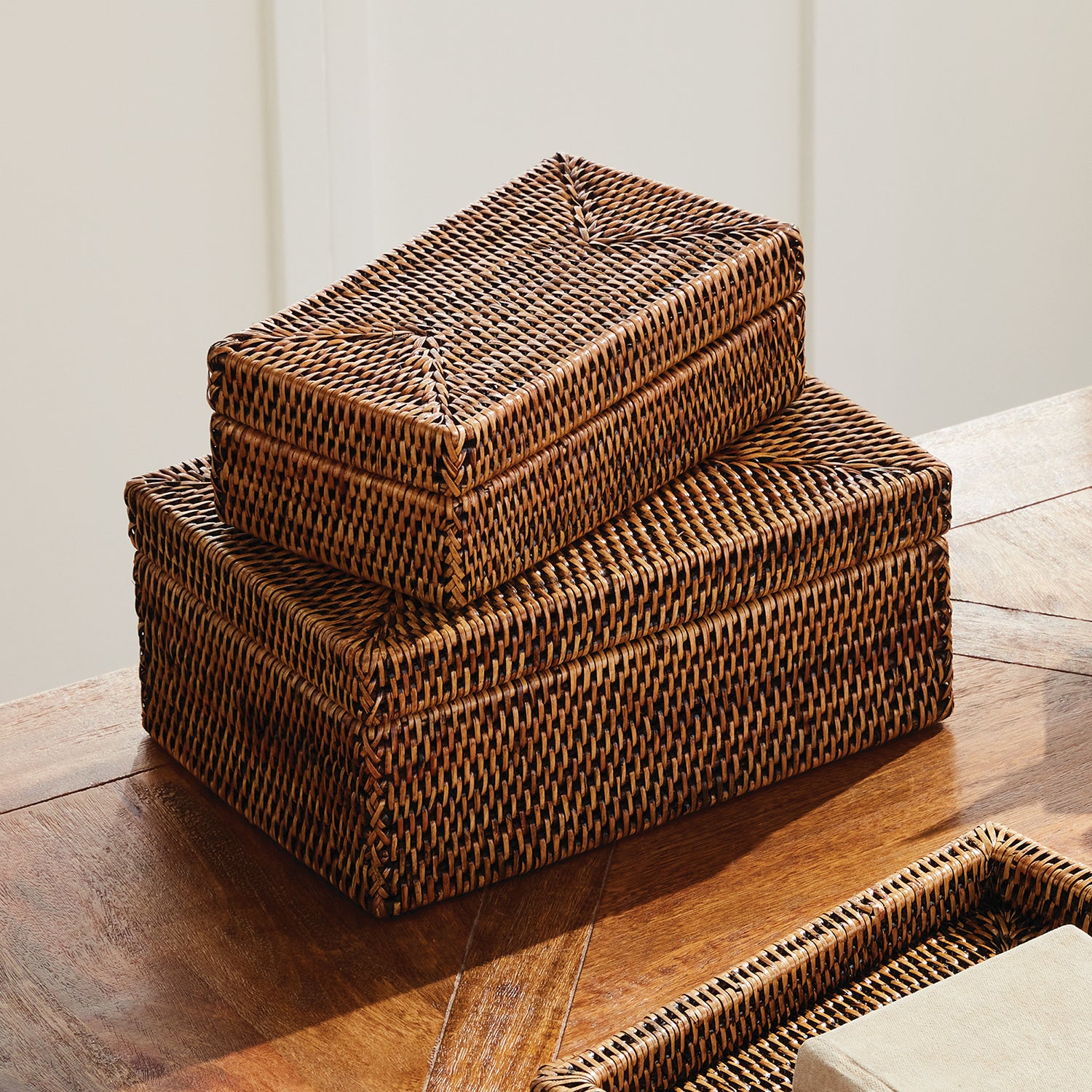 Burma Rattan Rectangular Lidded Box Set of 2